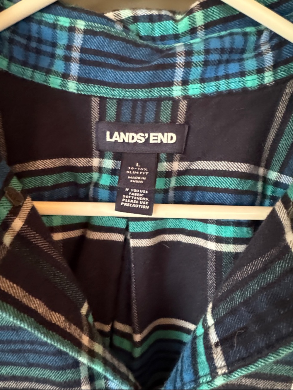 Lands' End Men's Navy and Teal Plaid Long-Sleeve Button-Down - Picture 2 of 5